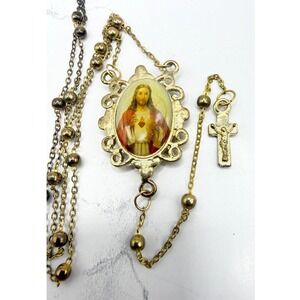 Sacred Heart Jesus Virgin Mary Rosary Necklace Gold Tone Bead Catholic Medal